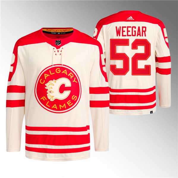Mens Calgary Flames #52 MacKenzie Weegar 2023 Cream Classic Primegreen Stitched Jersey Dzhi